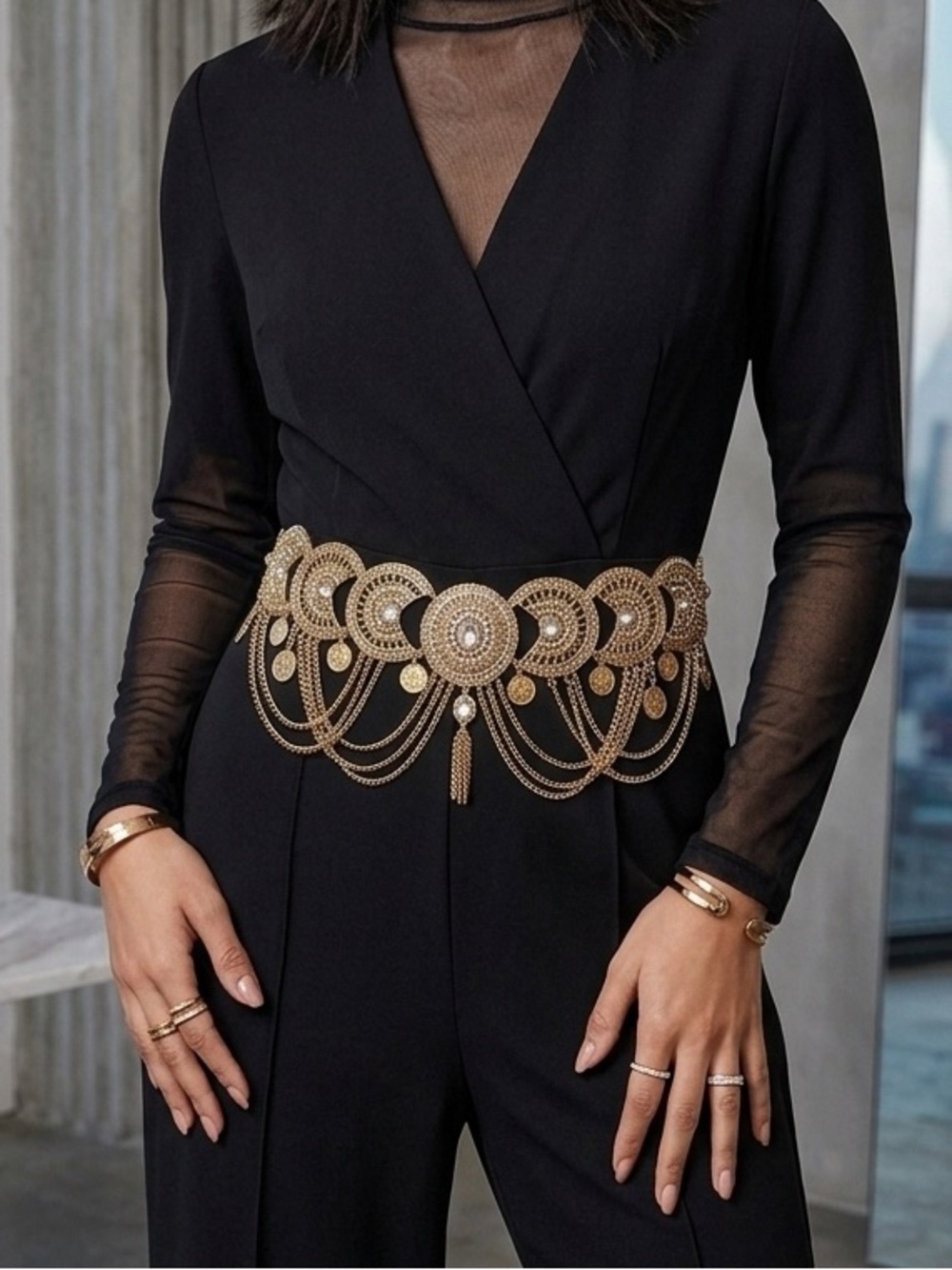 Gold Tone Filigree Charm & Crystal Drop Statement Waist Chain Belt NEW!